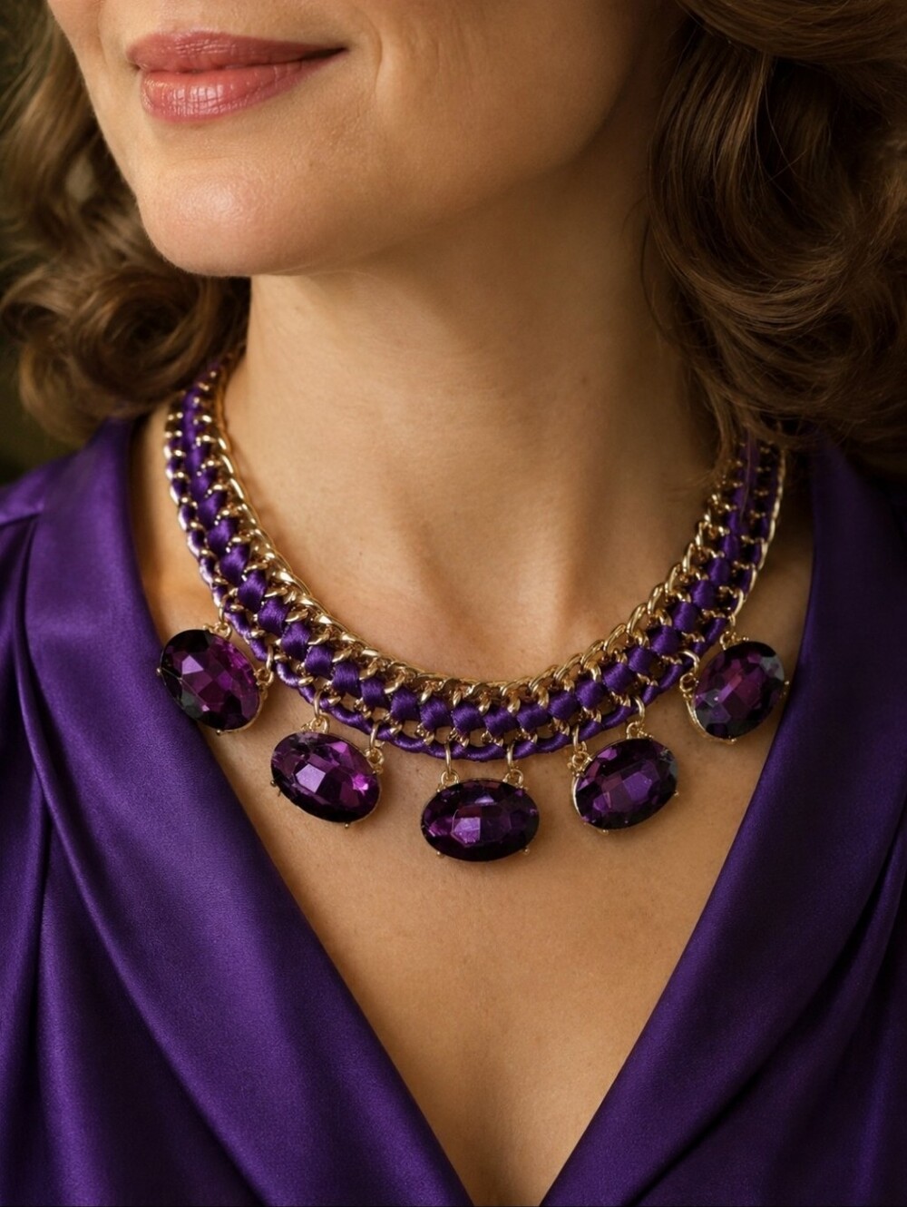 Purple Plum Eggplant Statement Necklace Gold Tone Emerald Cut Glass Stones NEW